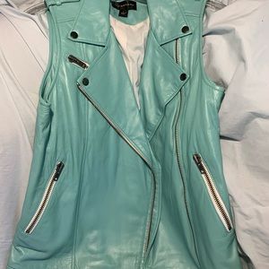 Large Tiffany Blue long waisted Leather Front Zipper Vest